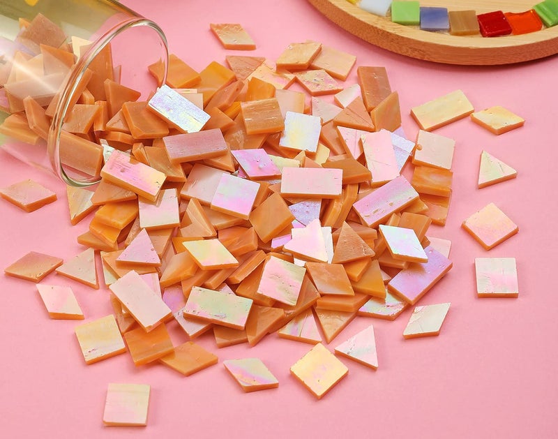 Lanyani Iridescent Glass Mosaic Tiles Supplies 200 Pieces Iridized Stained Glass Tile Pieces for Mosaic Craft 4 Shapes Mixed,Orange Sherbert - Image 5
