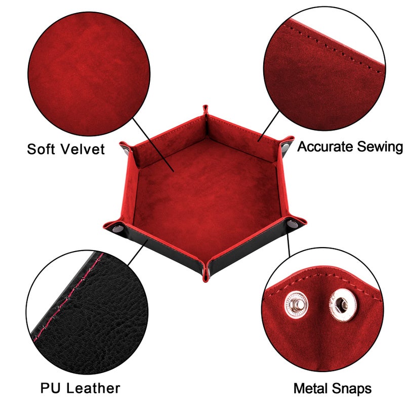 SIQUK 2 Pieces Dice Tray PU Leather Dice Trays Folding Hexagon Dice Holder Tray for Dice Games Like RPG, DND and Other Table Games (Black and Red) - Image 3
