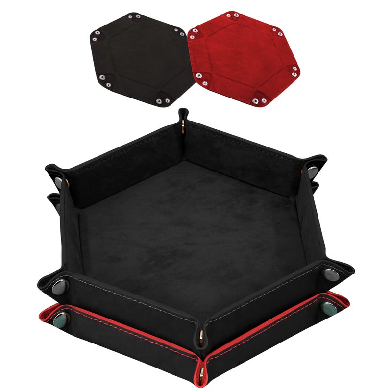 SIQUK 2 Pieces Dice Tray PU Leather Dice Trays Folding Hexagon Dice Holder Tray for Dice Games Like RPG, DND and Other Table Games (Black and Red) - Image 1
