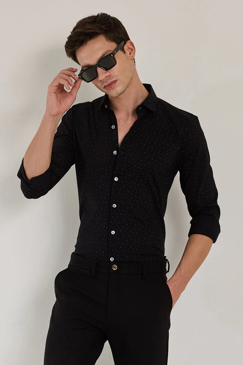 سنيتش Black Geometric Long Sleeve Slim Fit Casual Shirt