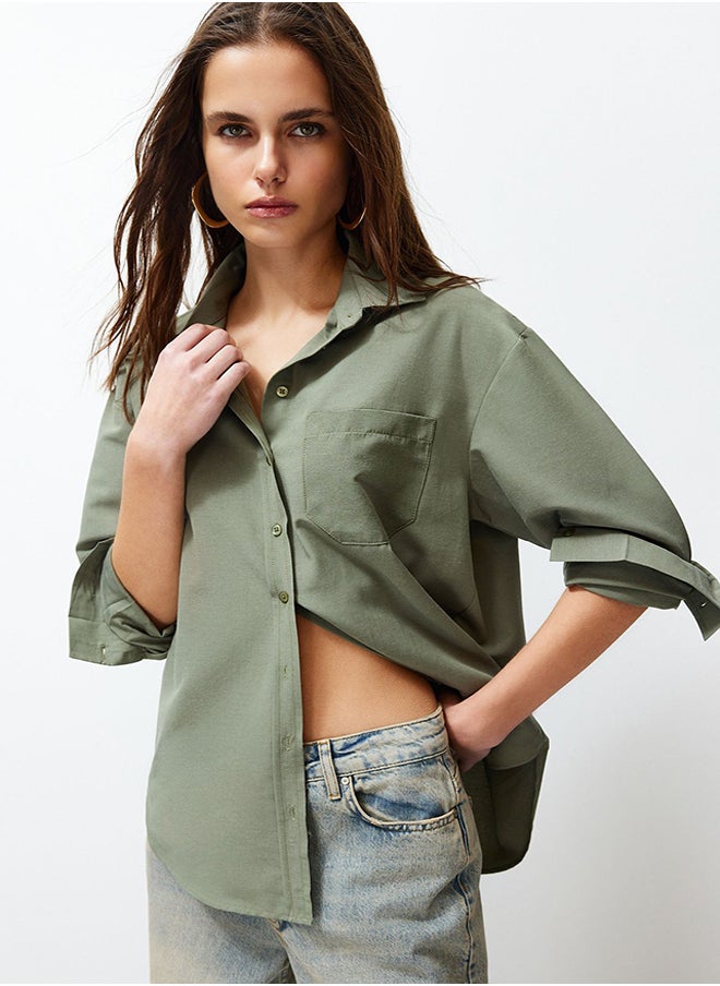 trendyol Dark Khaki Single Pocket Boyfriend Woven Cotton Shirt TWOAW20GO0115  - Image 2