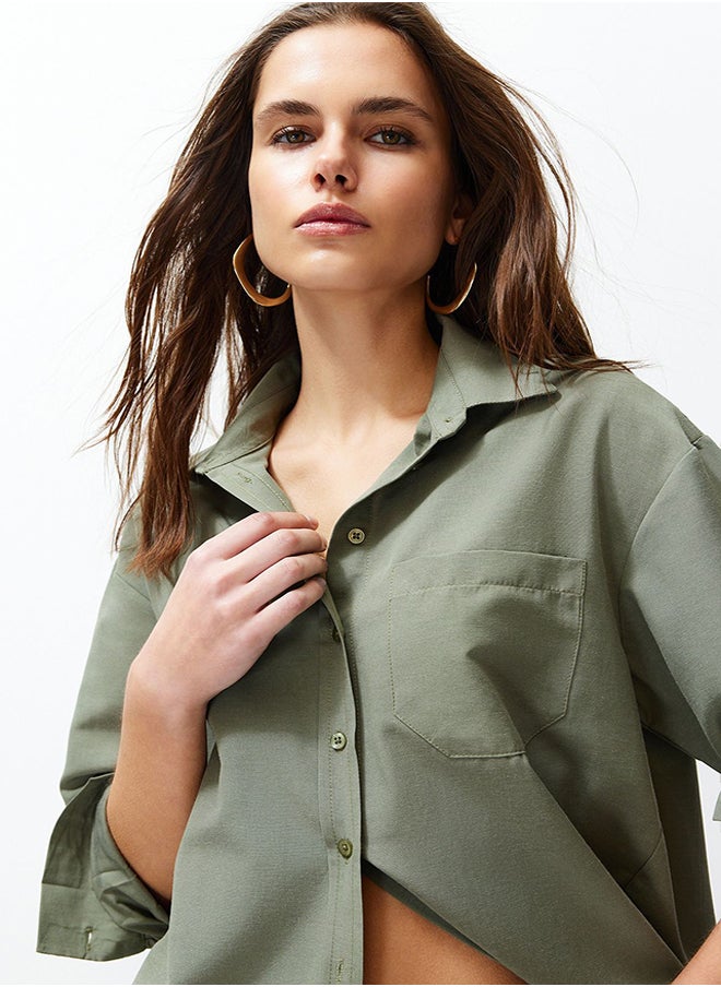 trendyol Dark Khaki Single Pocket Boyfriend Woven Cotton Shirt TWOAW20GO0115  - Image 3