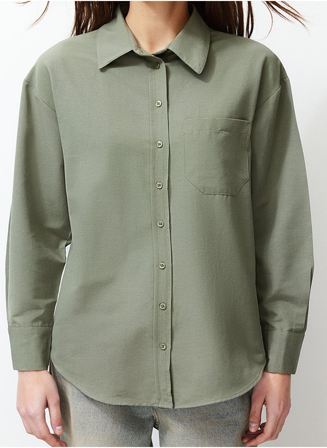 trendyol Dark Khaki Single Pocket Boyfriend Woven Cotton Shirt TWOAW20GO0115  - Image 4