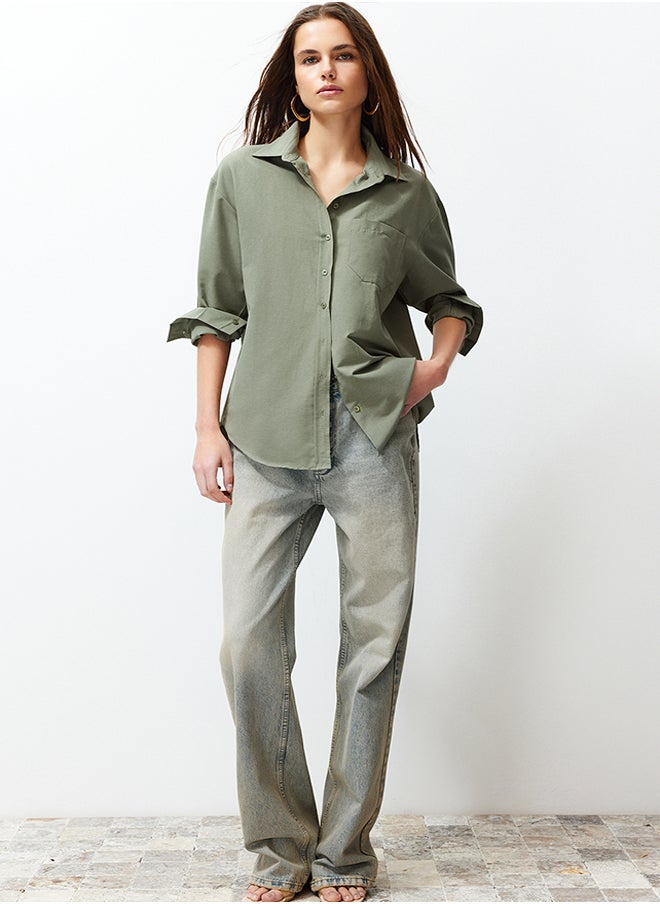 trendyol Dark Khaki Single Pocket Boyfriend Woven Cotton Shirt TWOAW20GO0115  - Image 1