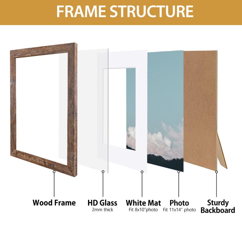 Califortree Rustic Brown 11x14 Picture Frame - Display Photos 8x10 with Mat or 11x14 Without Mat - Real Glass Inside - Set of 2 - Image 4