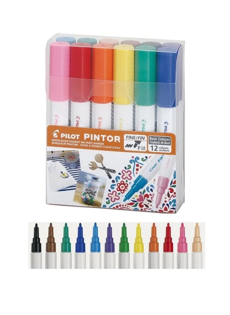 Pilot Pintor Water Based Markers Set of 12 Basic Colours Fine/Fin 1.0mm - Image 1