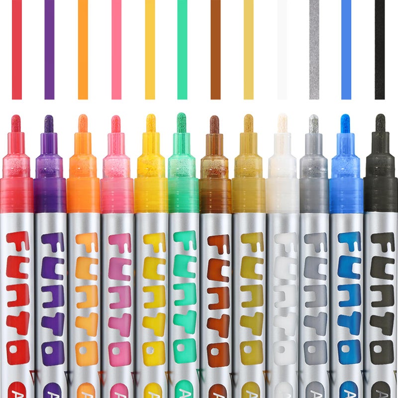 Funto Acrylic Paint Pens for Rock Painting, Fabric, Wood, Canvas, Metal, Ceramic, Glass, 12 Colors Paint Marker Set, Non-Toxic, Quick Drying - Image 3