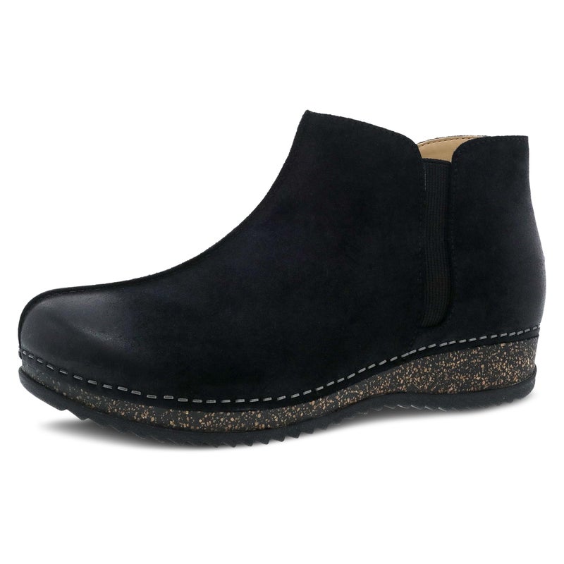 Dansko Makara Ankle Boot DualDensity CorkEVA Midsole and Lightweight Rubber Outsole Provide Durable and Comfortable Ride on Patented Stapled Construction Black Suede 859 M US