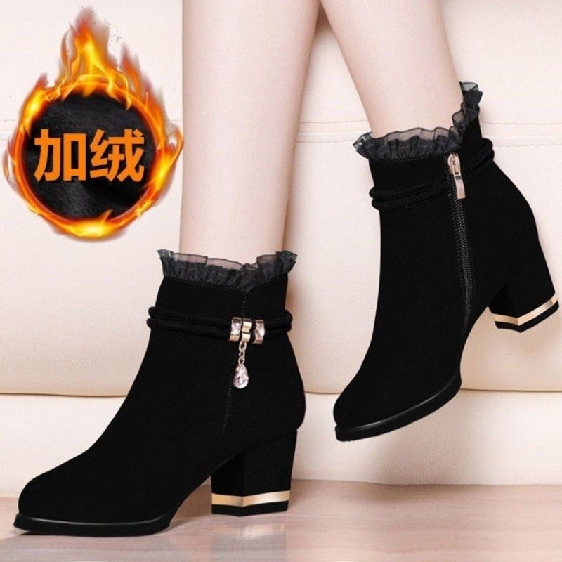 Thickened Fleece-Lined Boots 2023 Mid Heel Thick Heel Half Barrel Cotton Boots Non-Slip Soft Bottom Short Boots Snow Boots - Image 1