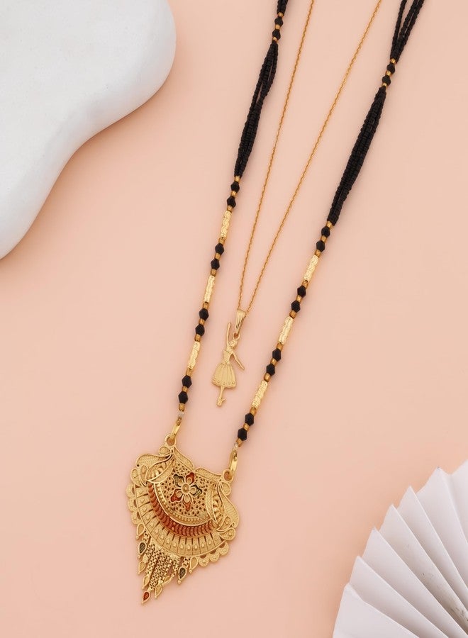 MALKYN Women's Gold Plated Floral Motif Mangalsutra with Red and Green Enamel Accents and Ballerina Pendant Layered Necklace Set, Traditional Black Beaded Wedding Jewelry-MD-029 - Image 2