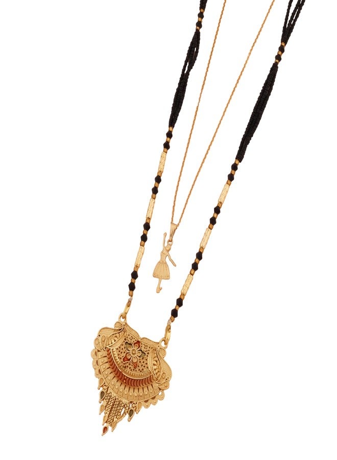 MALKYN Women's Gold Plated Floral Motif Mangalsutra with Red and Green Enamel Accents and Ballerina Pendant Layered Necklace Set, Traditional Black Beaded Wedding Jewelry-MD-029 - Image 1