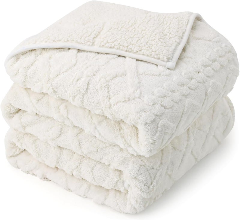 Drewin Weighted Blanket 15lbs Queen Size, Soft and Thick Jacquard Sherpa Heavy Blanket for Calming and Relax, Dual Sided Ultra Soft Fuzzy Throw Blanket with Ceramic Beads, 60 x 80 inches, Cream White - Image 1