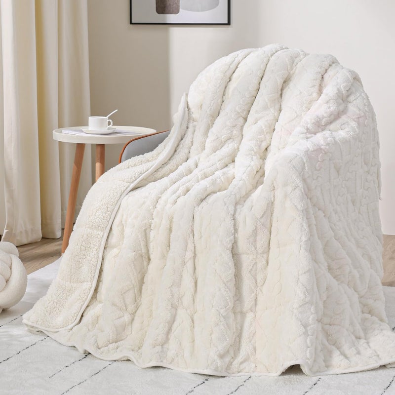 Drewin Weighted Blanket 15lbs Queen Size, Soft and Thick Jacquard Sherpa Heavy Blanket for Calming and Relax, Dual Sided Ultra Soft Fuzzy Throw Blanket with Ceramic Beads, 60 x 80 inches, Cream White - Image 2
