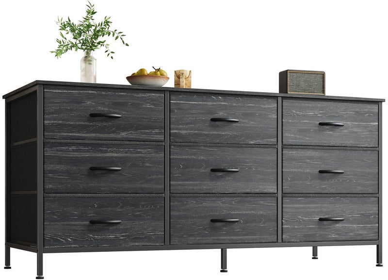 Huuger 9 Drawer Dresser 47 Inch TV Stand for 50 55 Inch TV Entertainment Center with Drawers Fabric Dresser Chest of Drawer for Bedroom Closet Charcoal Black Wood Grain Print