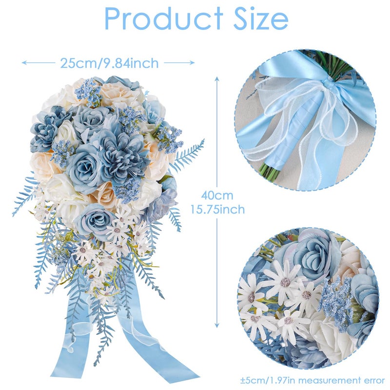 LCiclly Dusty Blue Rose Bouquets for Bride Wedding White Navy Blue Champagne Cascading Bridal Bouquet Artificial Silk Flower Boho Rustic Ceremony Anniversary Decor Summer Fall Winter Wedding Toss Bouquet - Image 2