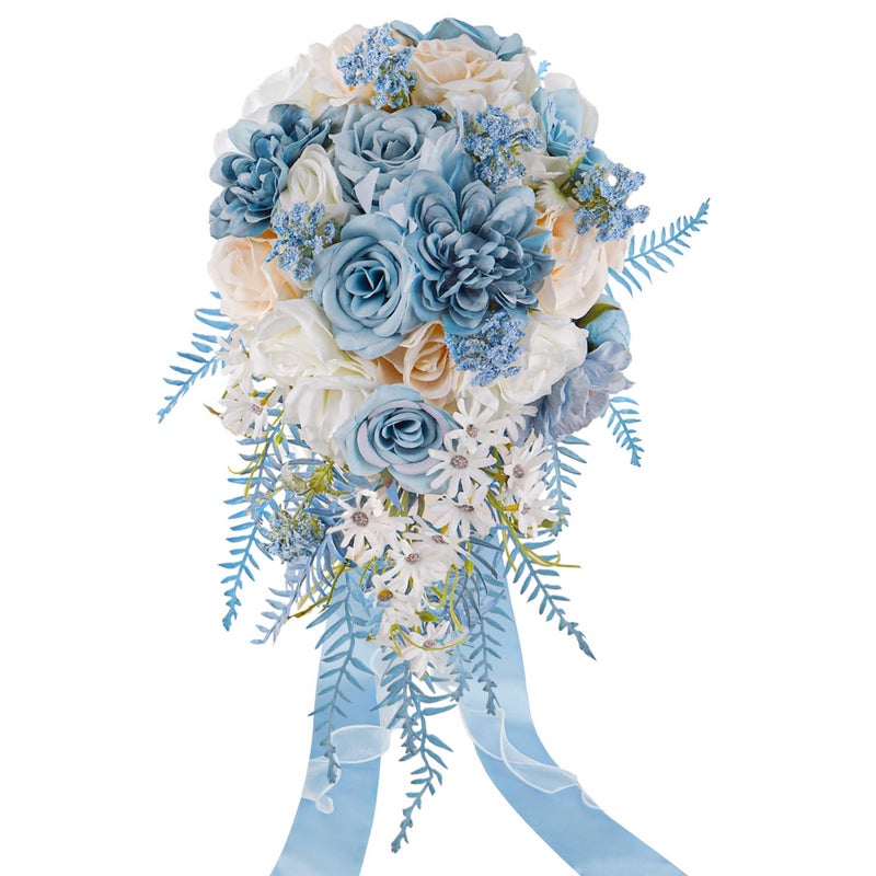 LCiclly Dusty Blue Rose Bouquets for Bride Wedding White Navy Blue Champagne Cascading Bridal Bouquet Artificial Silk Flower Boho Rustic Ceremony Anniversary Decor Summer Fall Winter Wedding Toss Bouquet - Image 1