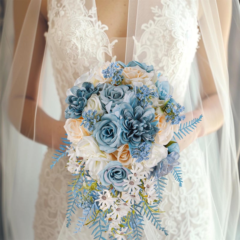 LCiclly Dusty Blue Rose Bouquets for Bride Wedding White Navy Blue Champagne Cascading Bridal Bouquet Artificial Silk Flower Boho Rustic Ceremony Anniversary Decor Summer Fall Winter Wedding Toss Bouquet - Image 4