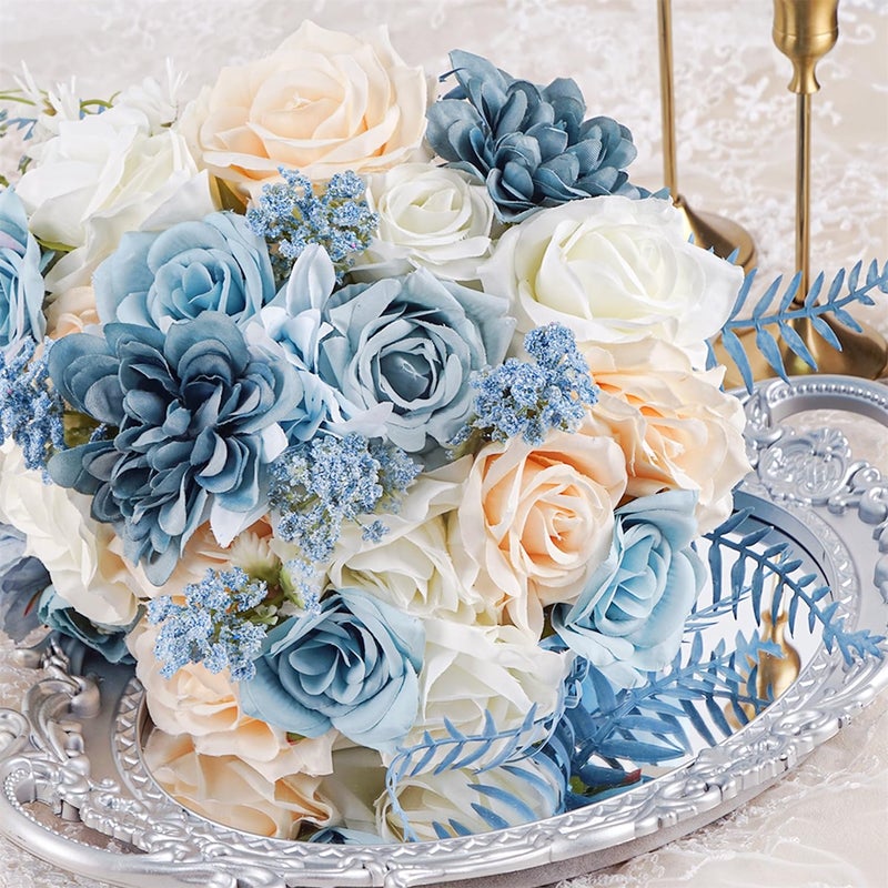 LCiclly Dusty Blue Rose Bouquets for Bride Wedding White Navy Blue Champagne Cascading Bridal Bouquet Artificial Silk Flower Boho Rustic Ceremony Anniversary Decor Summer Fall Winter Wedding Toss Bouquet - Image 3