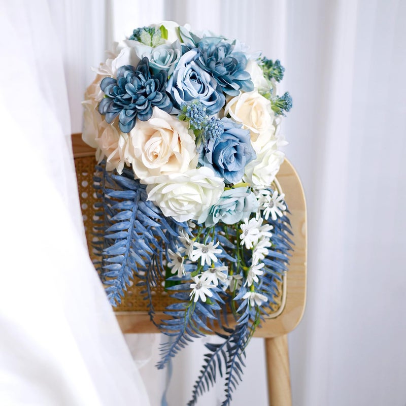 LCiclly Dusty Blue Rose Bouquets for Bride Wedding White Navy Blue Champagne Cascading Bridal Bouquet Artificial Silk Flower Boho Rustic Ceremony Anniversary Decor Summer Fall Winter Wedding Toss Bouquet - Image 5