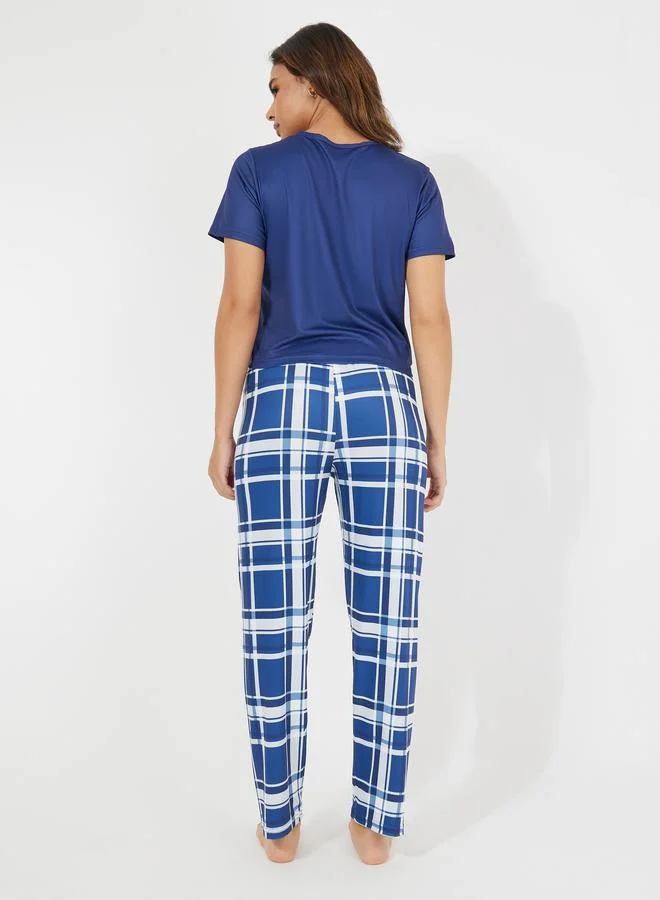 Styli Slogan Print T-Shirt & Check Print Pyjama Set