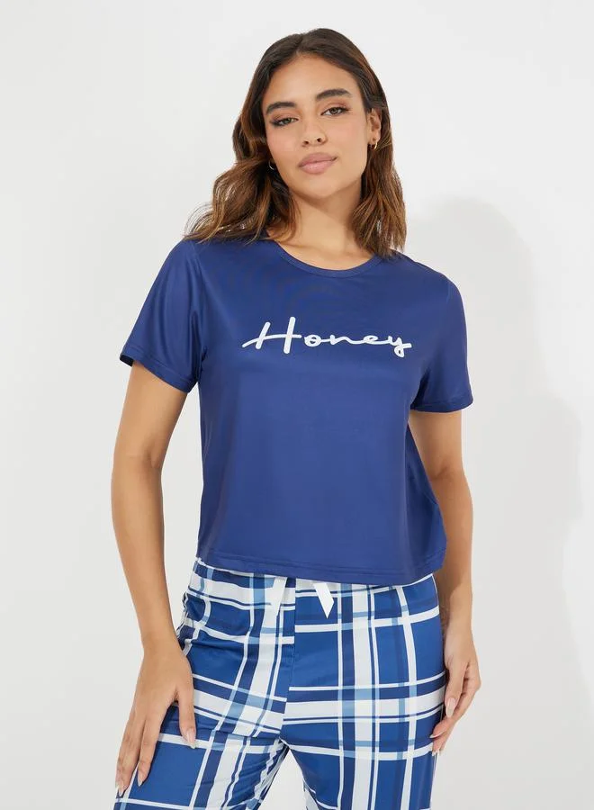 Styli Slogan Print T-Shirt & Check Print Pyjama Set