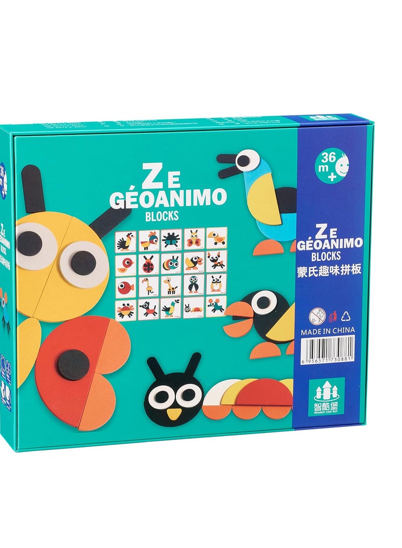 Geometric Animal Puzzle Blocks – Montessori Wooden Toy for Creative Thinking and Skill Development – Ages 3+
