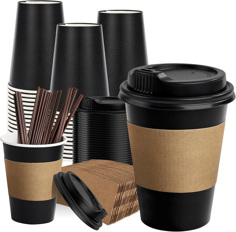 RACETOP 12 oz Paper Coffee Cups,100 Pack Black Disposable Coffee Cups with Lids, Sleeves and Stirring Sticks, 12 oz Hot Coffee Cup for Hot Drinks, Parties, Picnic, Travel, and Events - Image 1