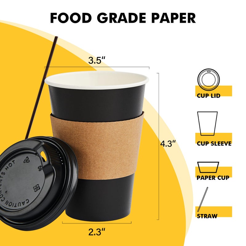 RACETOP 12 oz Paper Coffee Cups,100 Pack Black Disposable Coffee Cups with Lids, Sleeves and Stirring Sticks, 12 oz Hot Coffee Cup for Hot Drinks, Parties, Picnic, Travel, and Events - Image 2