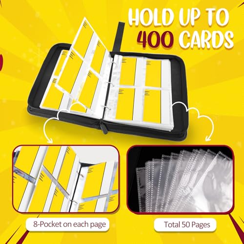 SRISE Binder 4 Pocket, Collectible Trading Card Album Fits 400 Cards, 50 Removable Sleeves, Portable Collection Holder, Game Case Book With Zipper for Gifts, Yellow - Image 4