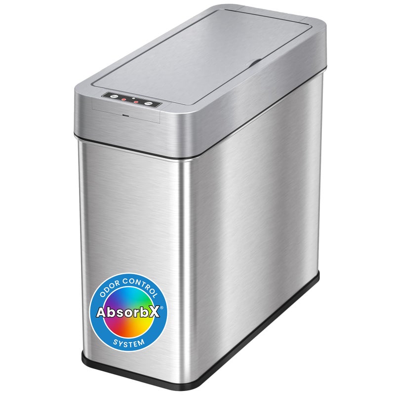 iTouchless 4 Gallon Bathroom Trash Can with Lid and Deodorizer Lid Opens Left 15 Liter Stainless Steel Slim Automatic Small Waste Basket Dustbin for Bedroom Home Office Livingroom Garage