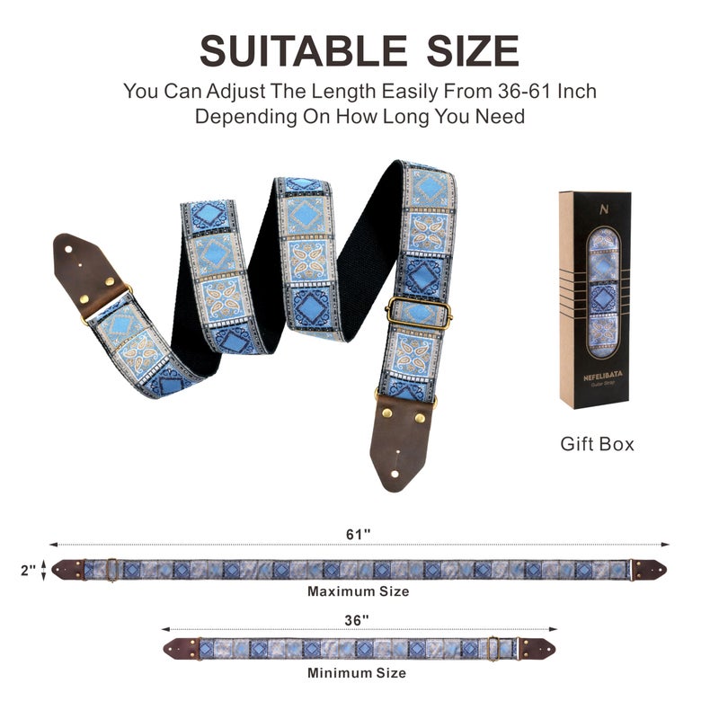 Nefelibata Guitar Strap,Crazy Horse Leather Jacquard Embroidery Cotton Guitar Straps for Bass, Electric & Acoustic, Best Gifts for Guitarists(Boho Light Blue Chequered) - Image 5