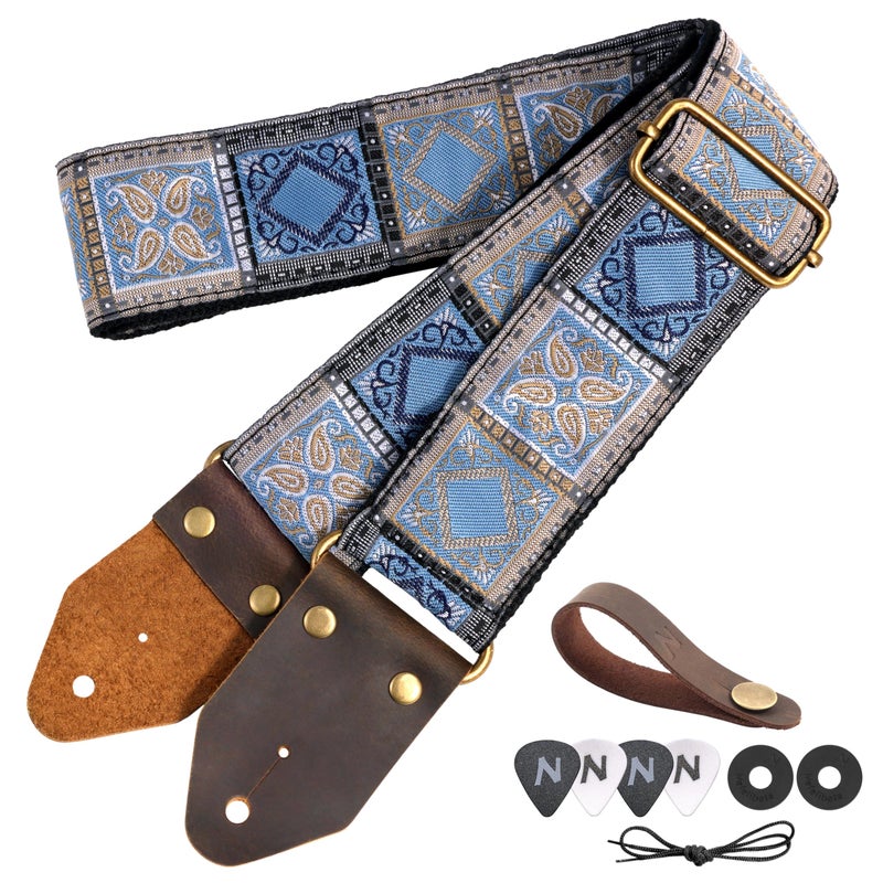 Nefelibata Guitar Strap,Crazy Horse Leather Jacquard Embroidery Cotton Guitar Straps for Bass, Electric & Acoustic, Best Gifts for Guitarists(Boho Light Blue Chequered) - Image 1