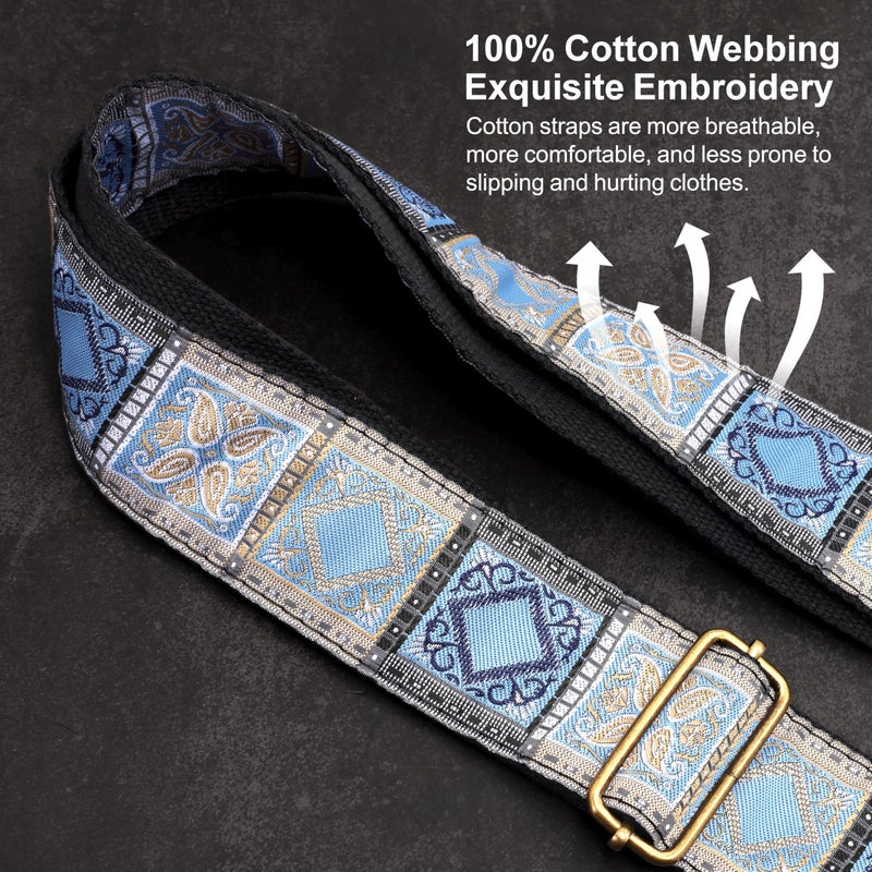 Nefelibata Guitar Strap,Crazy Horse Leather Jacquard Embroidery Cotton Guitar Straps for Bass, Electric & Acoustic, Best Gifts for Guitarists(Boho Light Blue Chequered) - Image 4