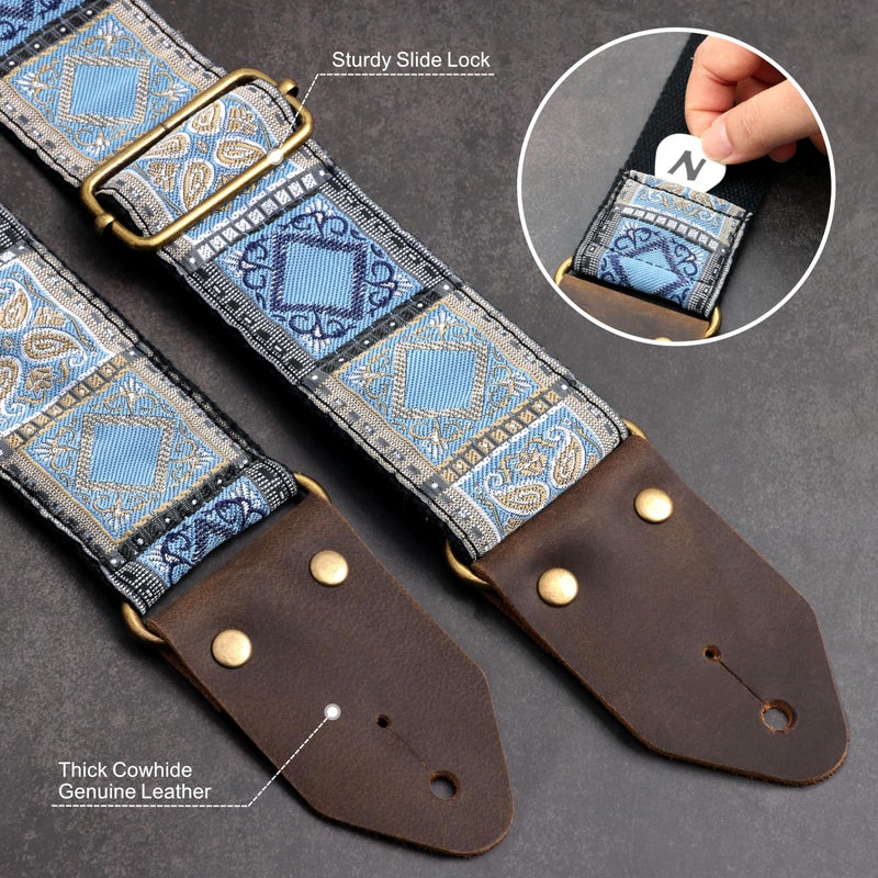 Nefelibata Guitar Strap,Crazy Horse Leather Jacquard Embroidery Cotton Guitar Straps for Bass, Electric & Acoustic, Best Gifts for Guitarists(Boho Light Blue Chequered) - Image 3