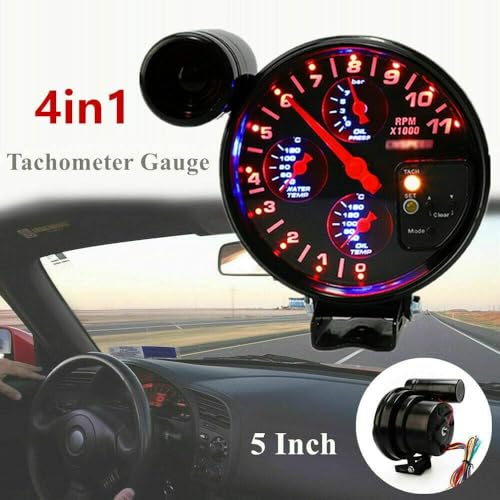 MACHSWON 5 inch Tachometer Gauge Kit Car Motor 4 in 1 RPM Meter 12V LED with Seat and Adjustable Shift Light Oil Press Water Oil Temp Sensor - Image 2