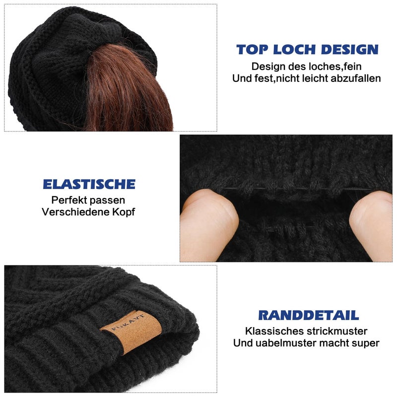 Pukavt 2 Pack Winter Hat Ponytail Beanie Hat for Women, Soft Stretch Cable Knit Messy Bun Beanie,Trendy and Warm Black with Black - Image 3