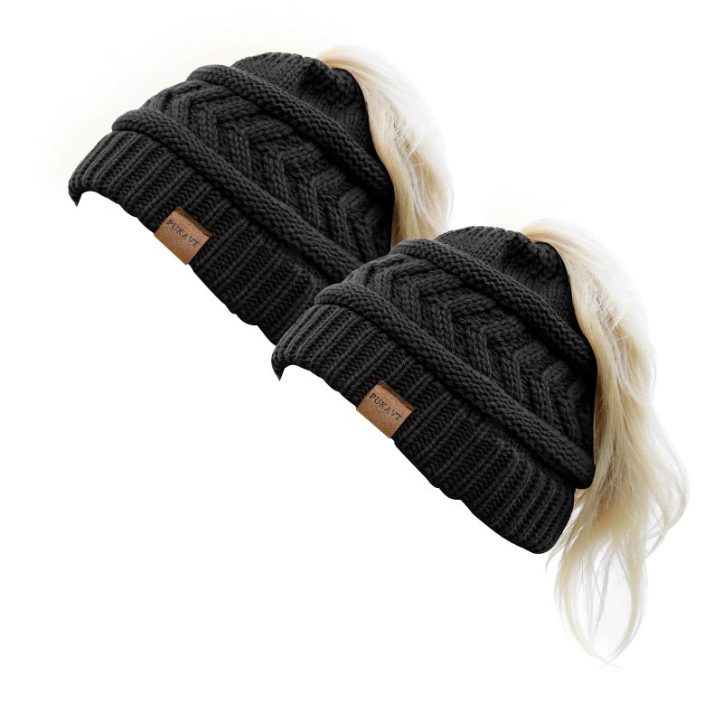 Pukavt 2 Pack Winter Hat Ponytail Beanie Hat for Women, Soft Stretch Cable Knit Messy Bun Beanie,Trendy and Warm Black with Black - Image 1