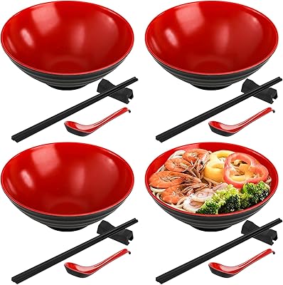 Lyellfe 16 Pieces Ramen Bowl Set, Restaurant Quality Japanese Soup Bowl, 33 Oz Unbreakable Melamine Dinnerware with - Image 1
