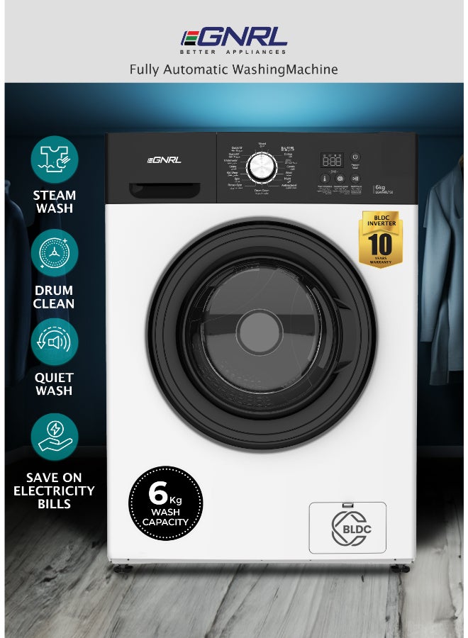 EGNRL 6KG Front Load Washing Machine,, 2025 New Model, 16 Programs, 1200 RPM, With Inverter BLDC Motor, 10 Year Warranty, 5 STar Energy (1 Year Brand Warranty) 6 kg 1900 W EGWMFL750 White - Image 1