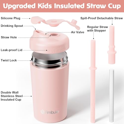 Fimibuke Kids Toddler Cups 10 OZ Spill Proof Straw Cups for Toddlers 2 Pack LeakProof Kid Insulated Tumbler with ScrewOn Lid Silicone Straw with Stopper Stainless Steel Sippy Cup for Girl Boy - Image 3