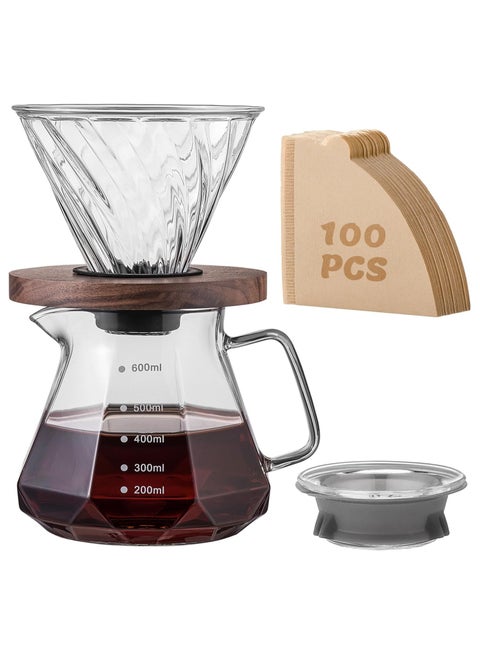Pour Over Coffee Maker,V60 Drip Coffee Pot with Walnut Handle and Glass Lid, Glass Coffee Dripper,20oz/600ml Borosilicate Glass Carafe  with 100 pcs V60 Paper Filter for Home Coffee Restaurant Camping,Clear