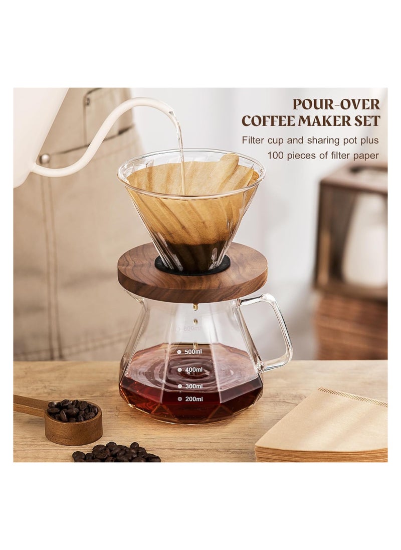 Folanry Pour Over Coffee Maker,V60 Drip Coffee Pot with Walnut Handle and Glass Lid, Glass Coffee Dripper,20oz/600ml Borosilicate Glass Carafe  with 100 pcs V60 Paper Filter for Home Coffee Restaurant Camping,Clear  - Image 2