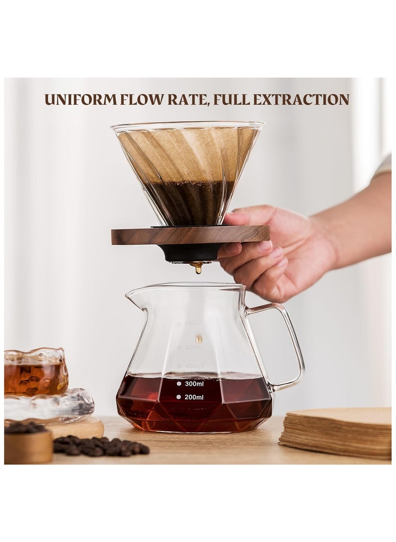 Folanry Pour Over Coffee Maker,V60 Drip Coffee Pot with Walnut Handle and Glass Lid, Glass Coffee Dripper,20oz/600ml Borosilicate Glass Carafe  with 100 pcs V60 Paper Filter for Home Coffee Restaurant Camping,Clear  - Image 3