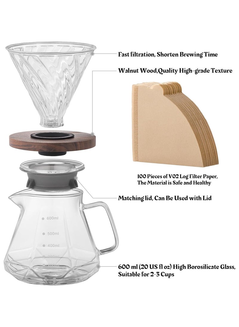 Folanry Pour Over Coffee Maker,V60 Drip Coffee Pot with Walnut Handle and Glass Lid, Glass Coffee Dripper,20oz/600ml Borosilicate Glass Carafe  with 100 pcs V60 Paper Filter for Home Coffee Restaurant Camping,Clear  - Image 5