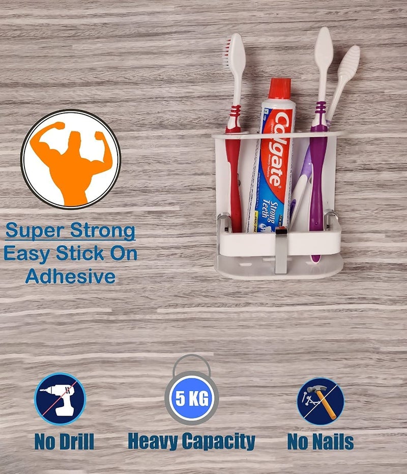 McMus Wall Mounted self Adhesive Acrylic Tooth Brush, Toothbrush Holder for Bathroom, Toothbrush Tumbler, Toothpaste for Bathroom Stand Organizer Rack for Bathroom (White) (Stick S) - Image 3
