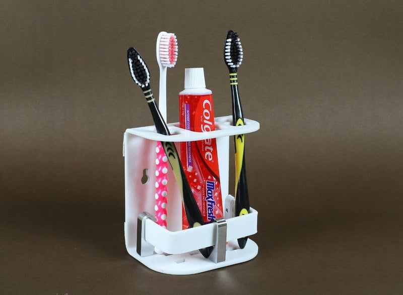 McMus Wall Mounted self Adhesive Acrylic Tooth Brush, Toothbrush Holder for Bathroom, Toothbrush Tumbler, Toothpaste for Bathroom Stand Organizer Rack for Bathroom (White) (Stick S) - Image 4