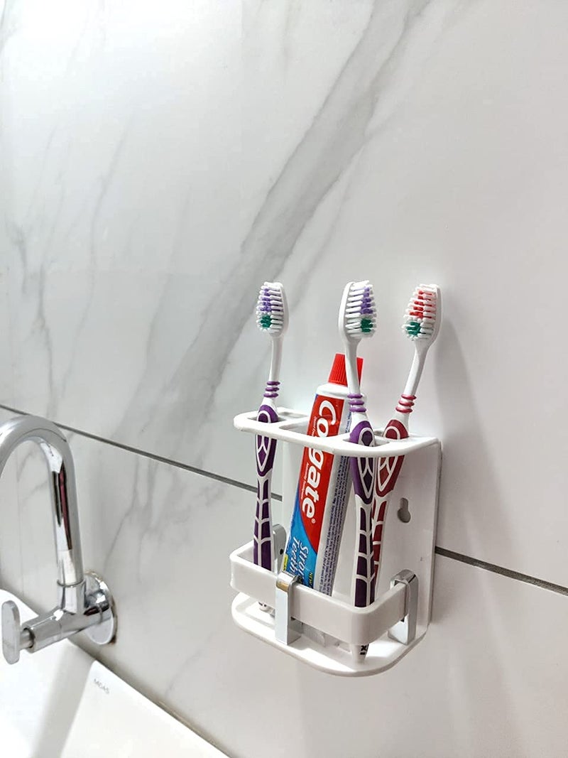 McMus Wall Mounted self Adhesive Acrylic Tooth Brush, Toothbrush Holder for Bathroom, Toothbrush Tumbler, Toothpaste for Bathroom Stand Organizer Rack for Bathroom (White) (Stick S) - Image 1