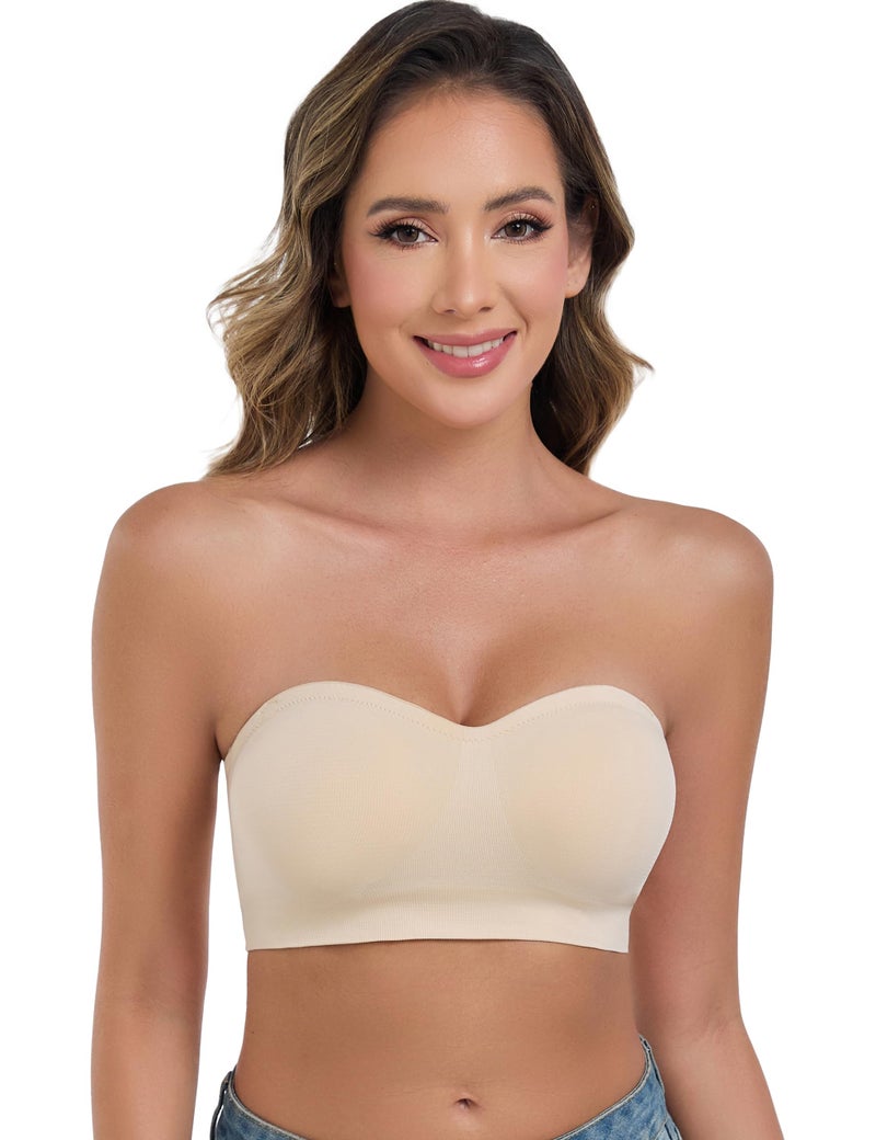 ANGOOL Strapless Bras for Women Wirefree Non-Slip Tube Top Invisible Bralette Seamless Padded Bandeau Bra, Beige, XXL - Image 1