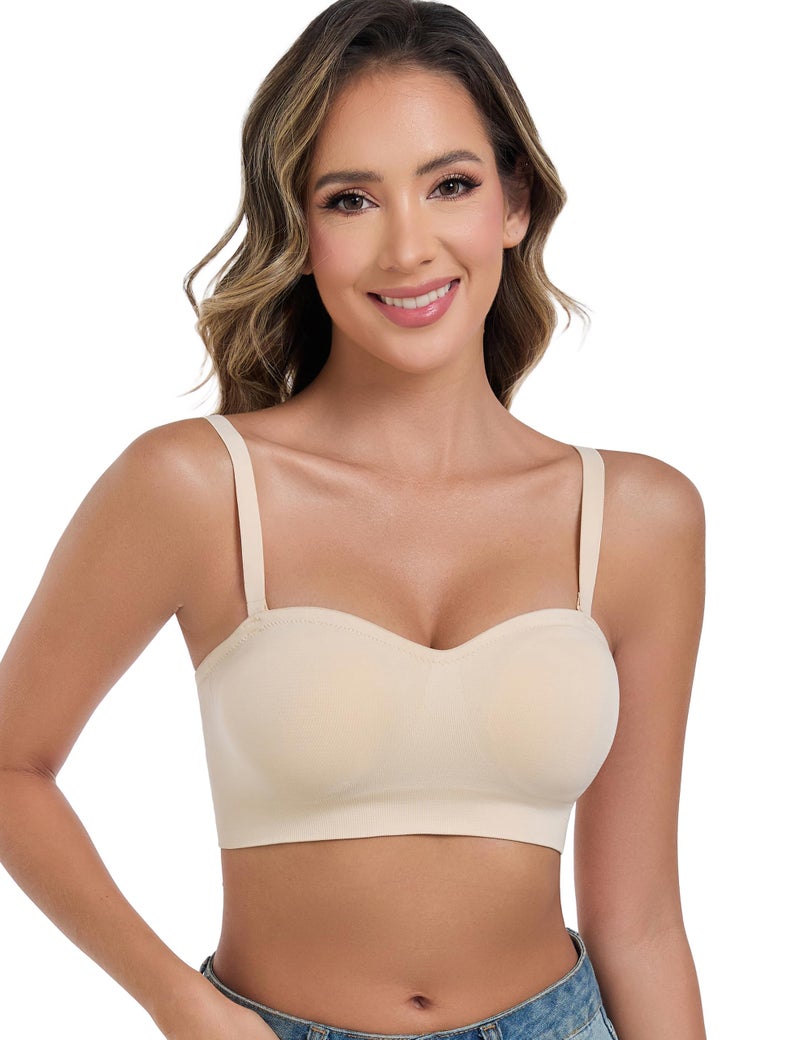 ANGOOL Strapless Bras for Women Wirefree Non-Slip Tube Top Invisible Bralette Seamless Padded Bandeau Bra, Beige, XXL - Image 4