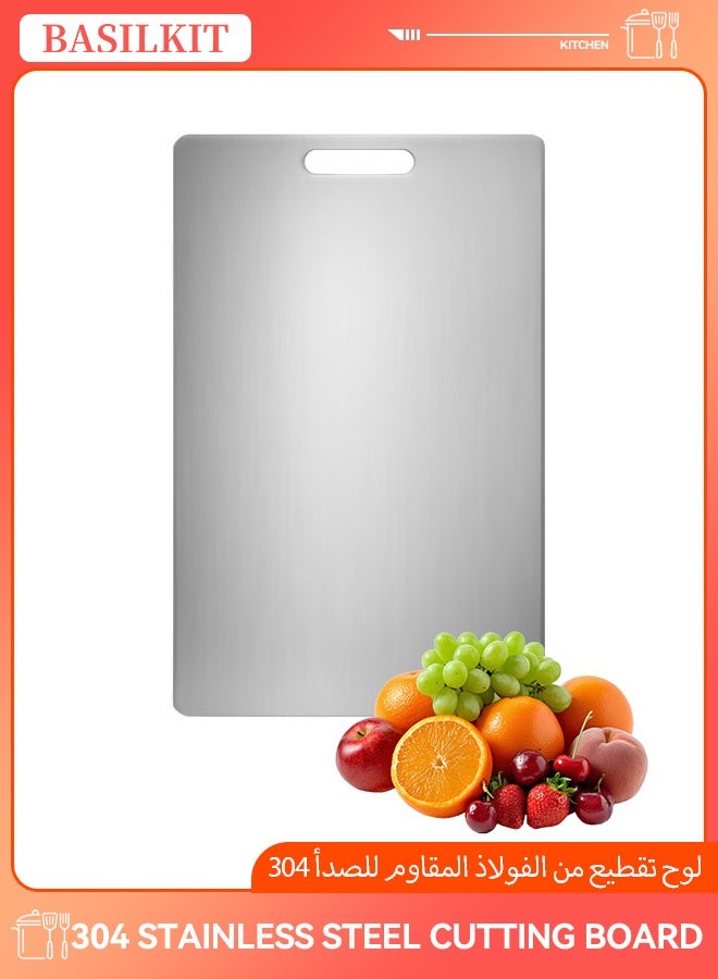 BASILKIT 304 Stainless Steel Cutting Board, 39x28cm Double Sided Kitchen Chopping Board for Meat, Vegetables, Fruits - Anti-Skid, Easy Clean, Hygienic, with Handle - Image 1